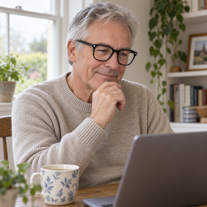 Man aged 60+ wearing black glasses while using a laptop at home